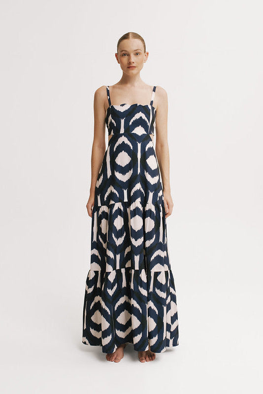 Mar de Lua Jossy Caracola Maxi Dress Blue Shell Print Resort Dress S/M / Geometric / Maxi Mar de Lua Jossy Caracola Maxi Dress Blue Shell Print Resort Dress S/M / Geometric / Maxi