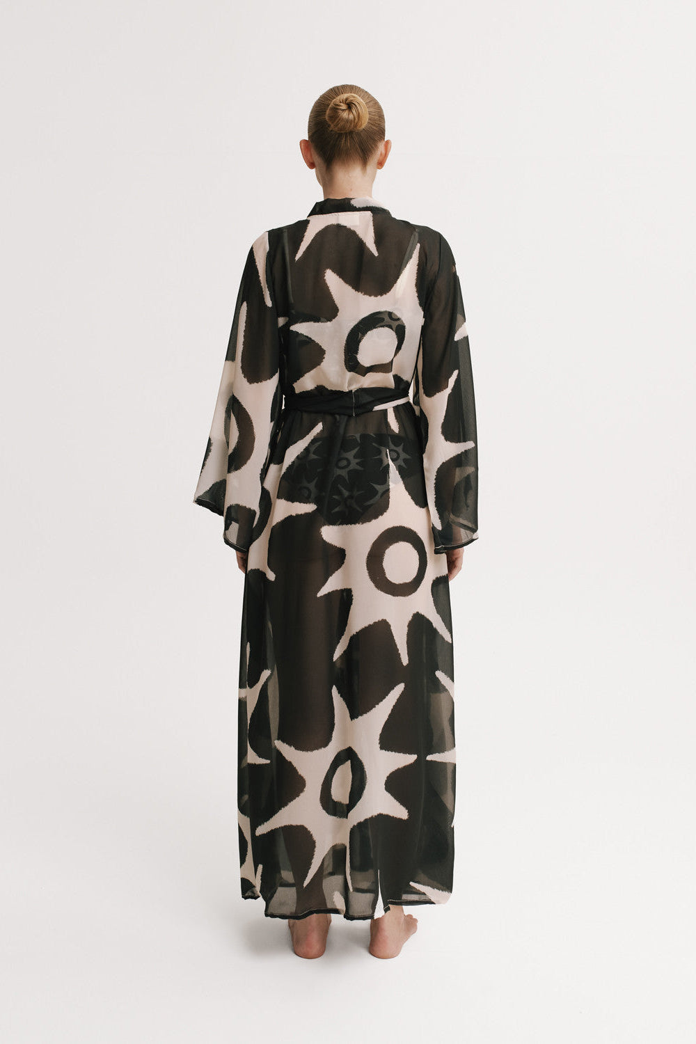 Sheer Solar print kimono with belt, back view.
