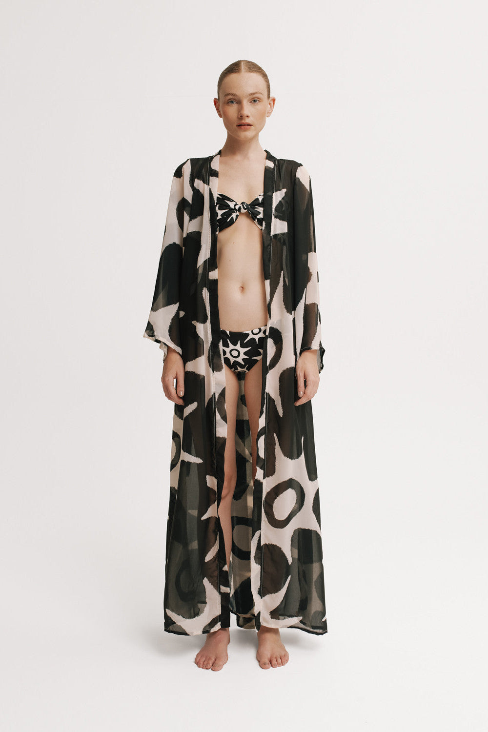 Solar Kimono in sheer black and cream print, long sleeves