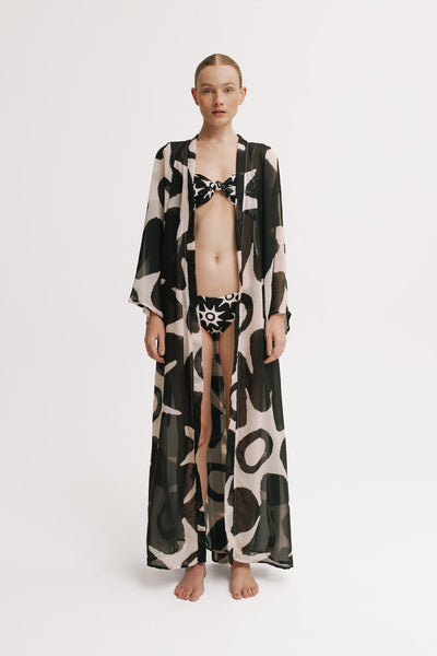 Solar Kimono in sheer black and cream print, long sleeves