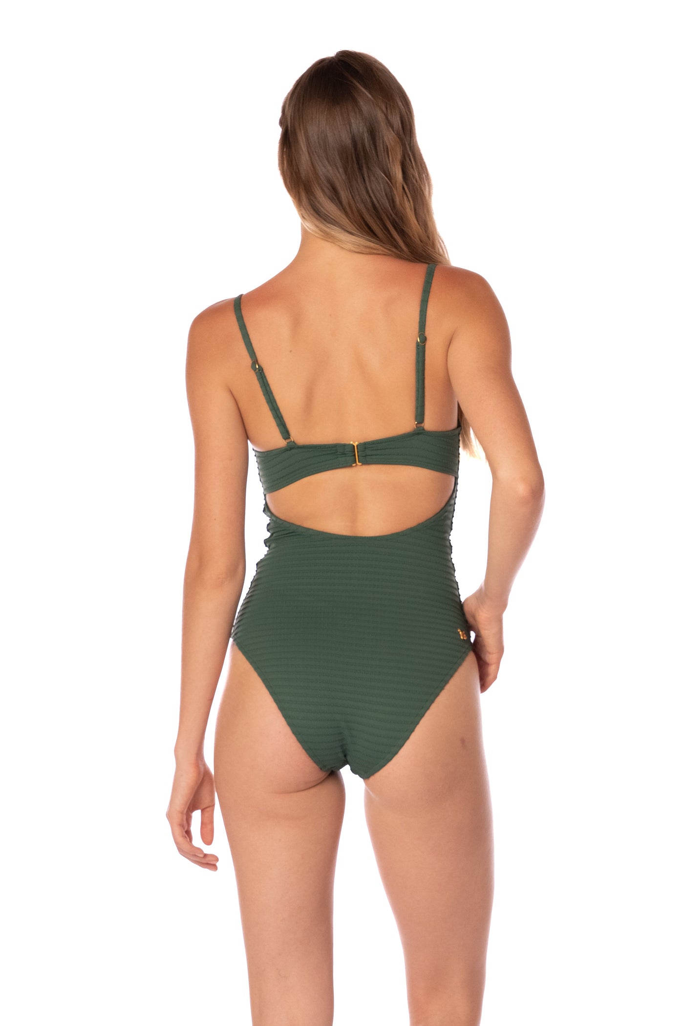 Back view showing gold clasp and cutout detail. Green Swimsuit 