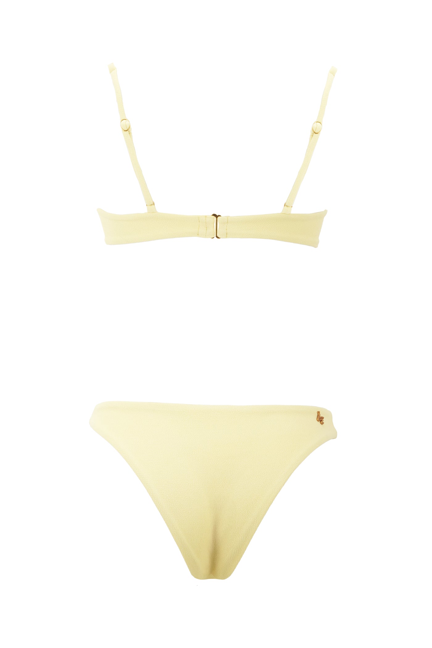 Yellow bikini top and bottom set on a white background