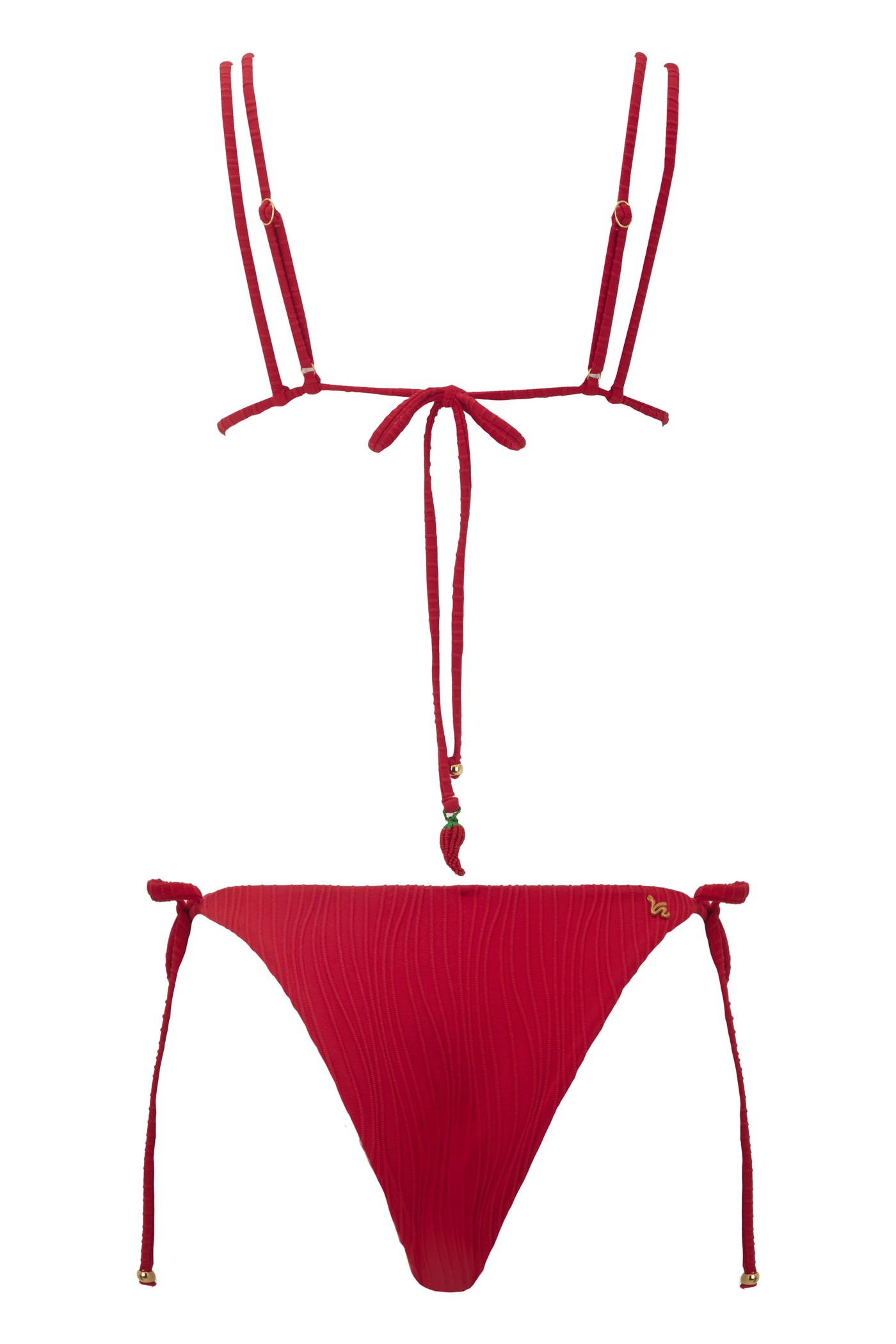 Red bikini set with thin straps on a white background