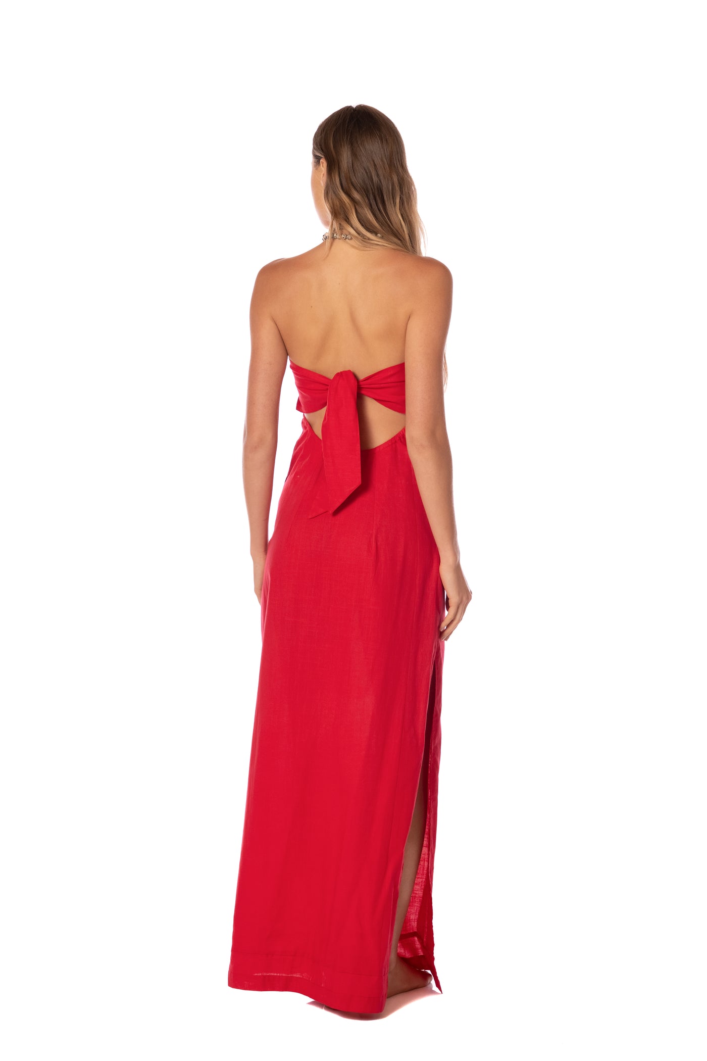 Red strapless gown with cut-out design 