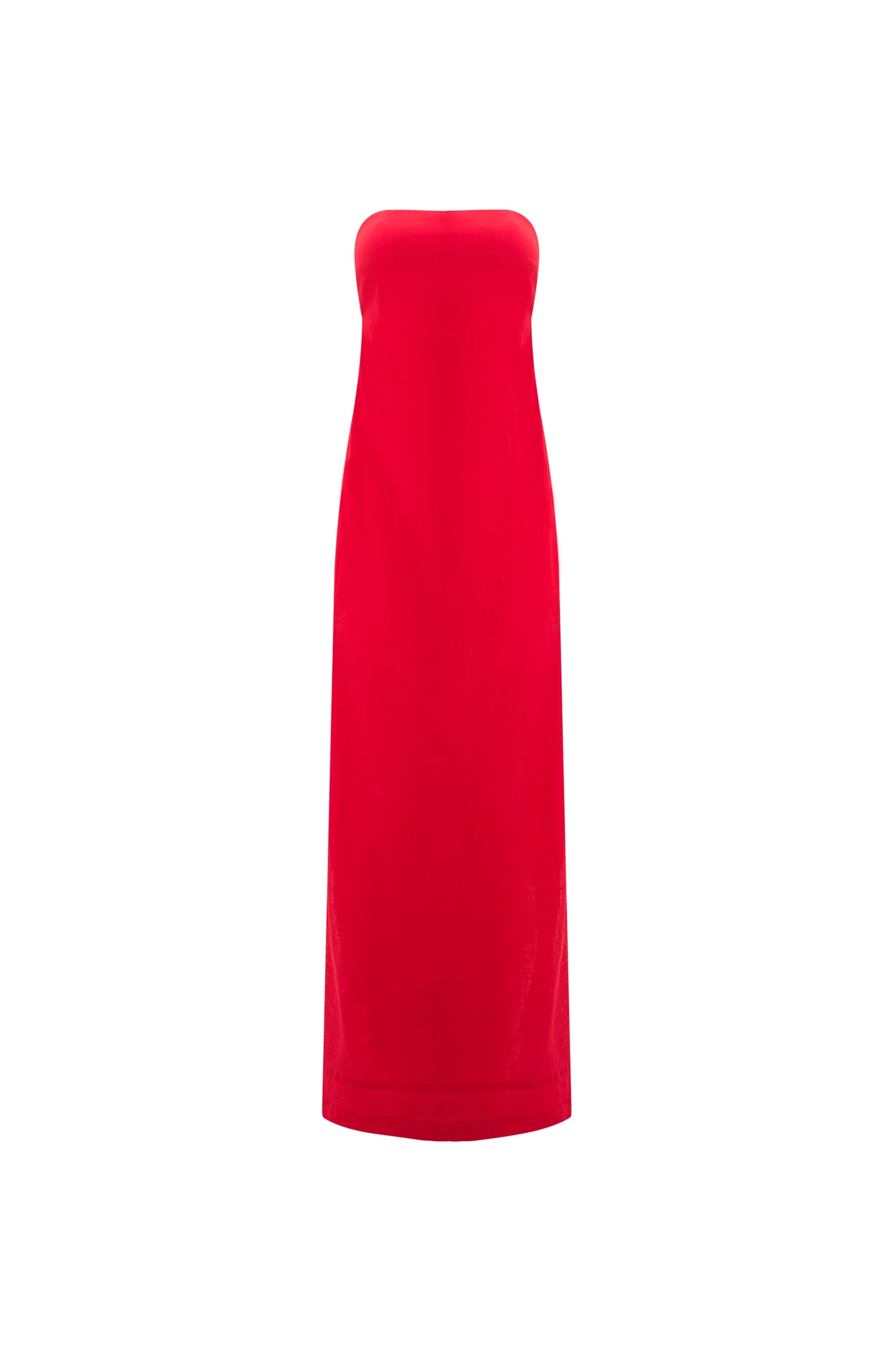 Full-length red strapless linen maxi dress.