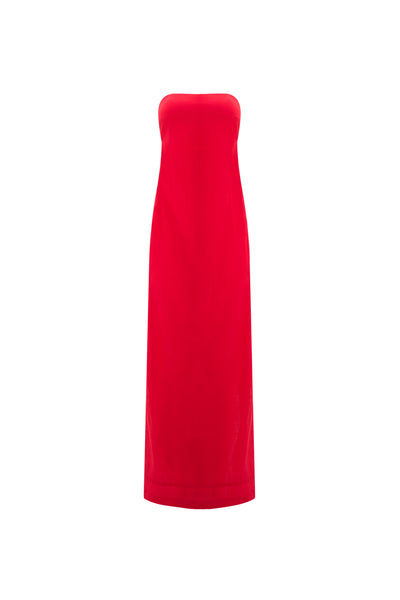 Full-length red strapless linen maxi dress.