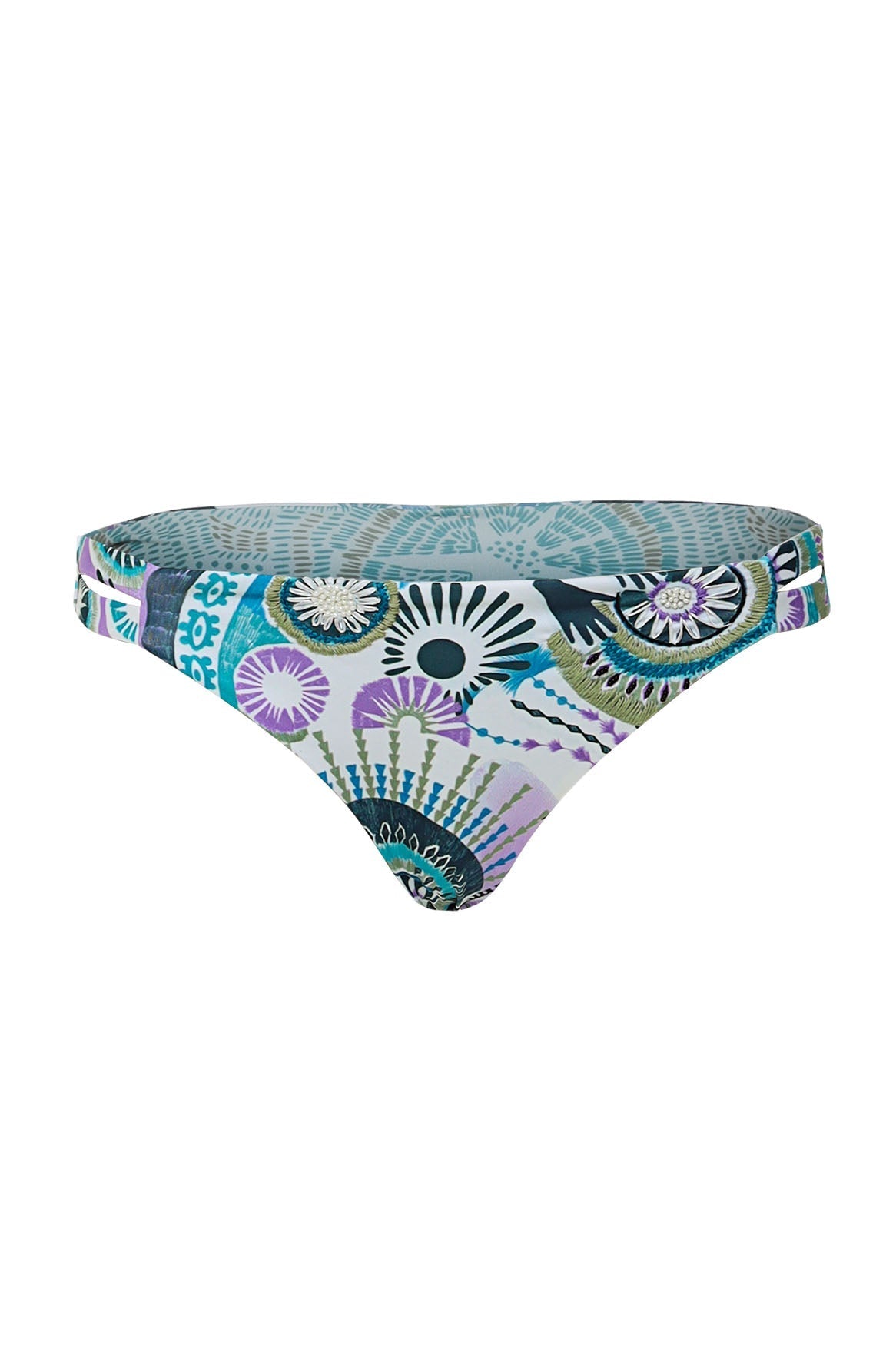 Low-rise bikini bottom in multicolor engineered print, made from eco-friendly fabric, featuring side cutouts, moderate back coverage, and a reversible design for versatile styling.







