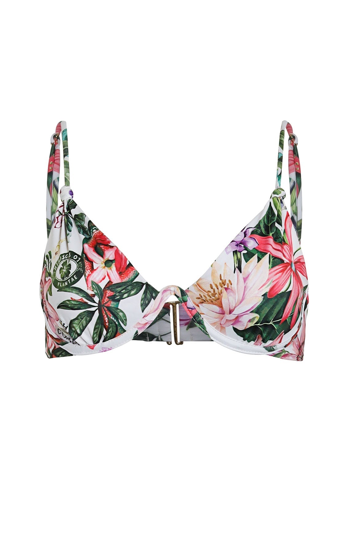 Tropical floral bikini top on a white background