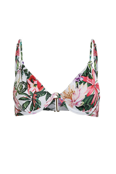 Tropical floral bikini top on a white background