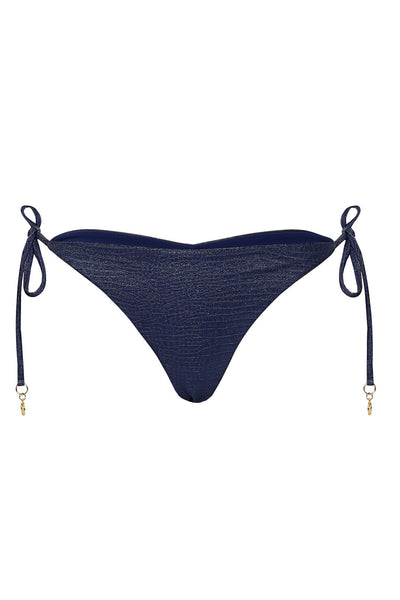 Low-rise bikini bottom in dark blue textured shimmer fabric, made from eco-friendly materials, featuring a middle seam, side ties, and cheeky coverage.*