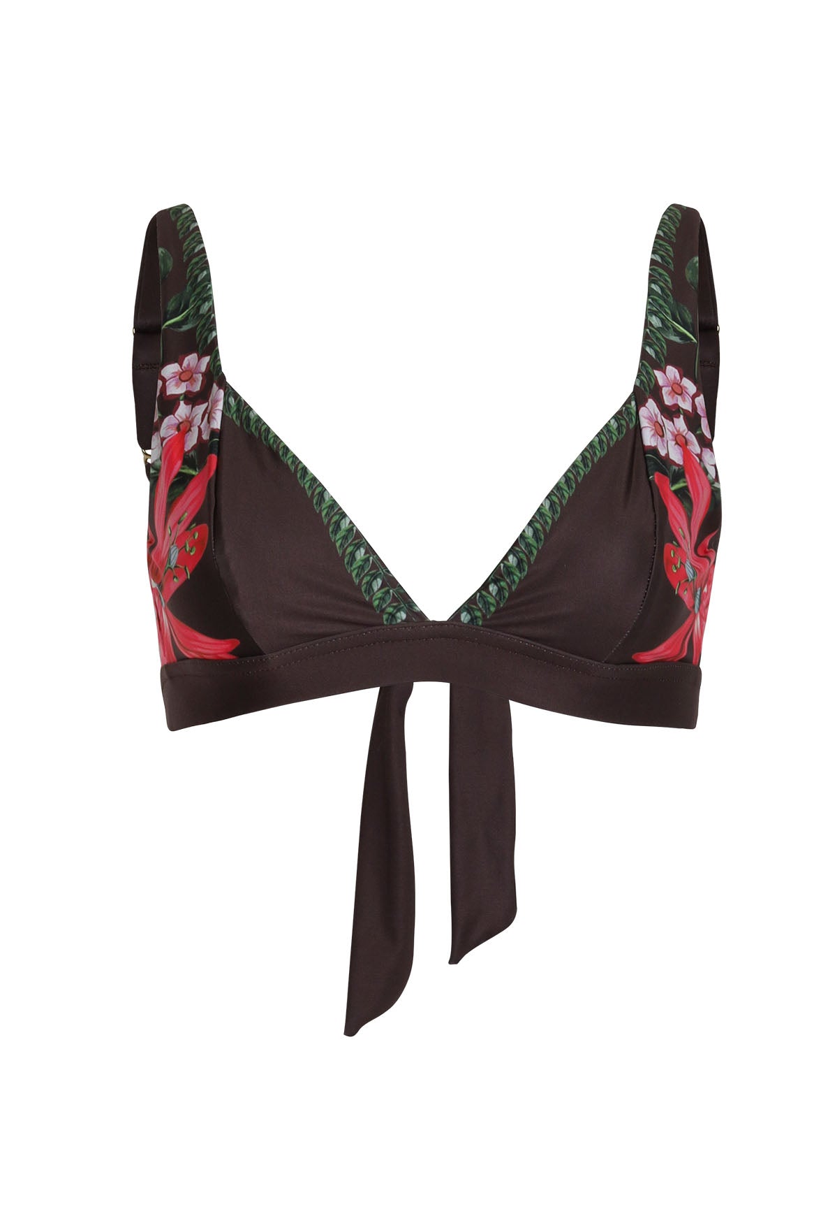Brown bikini top with floral patterns on a white background