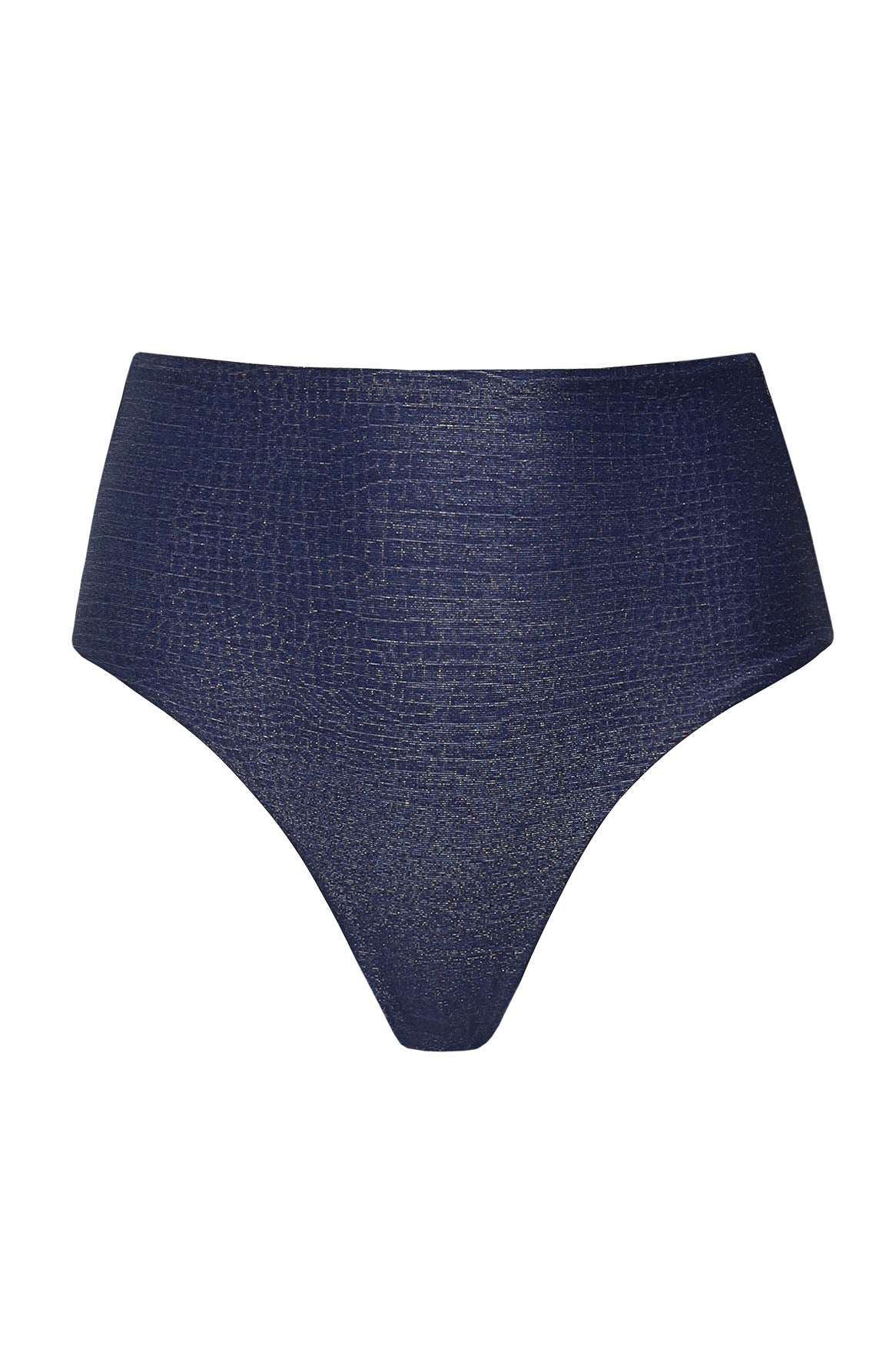 High-waisted bikini bottom in dark blue textured shimmer fabric, made from eco-friendly materials with moderate back coverage. Model wears size small. Top and bottom sold separately.