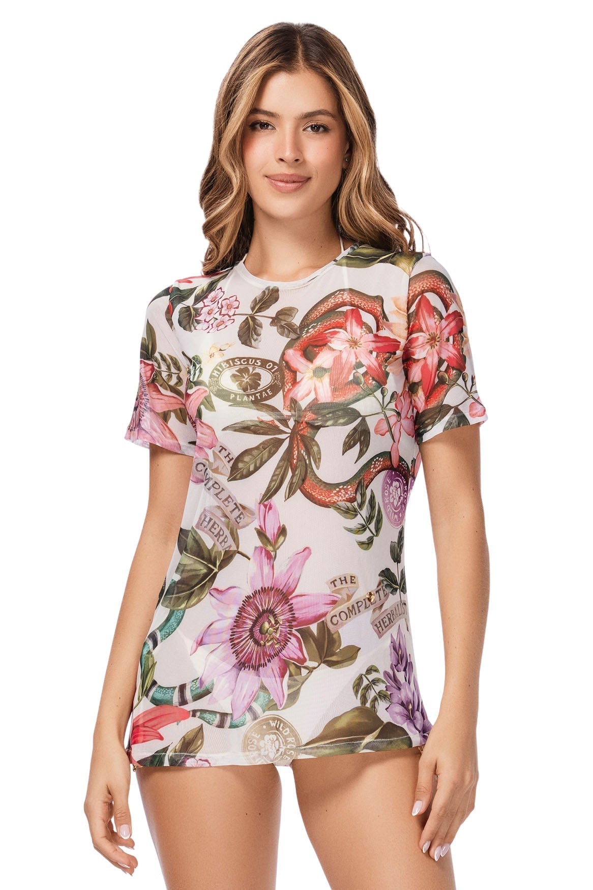 Woman wearing a floral and graphic t-shirt on a white background