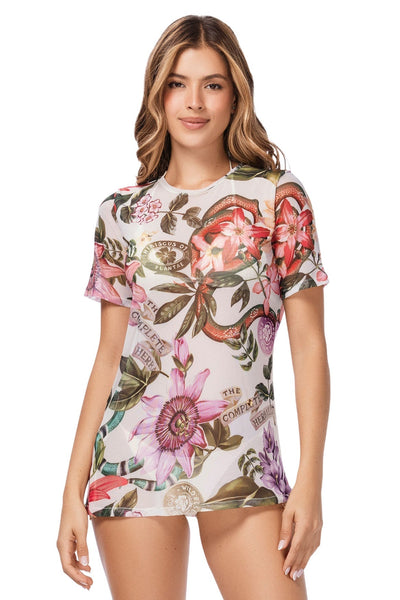 Woman wearing a floral and graphic t-shirt on a white background