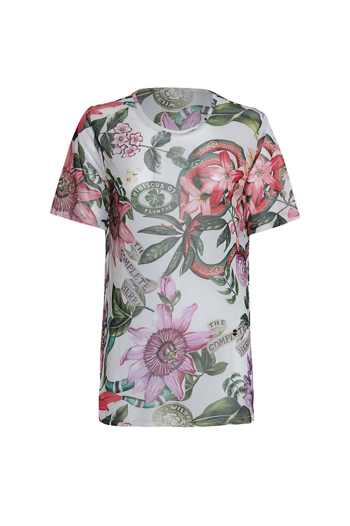 Floral and logo printed shirt on a white background