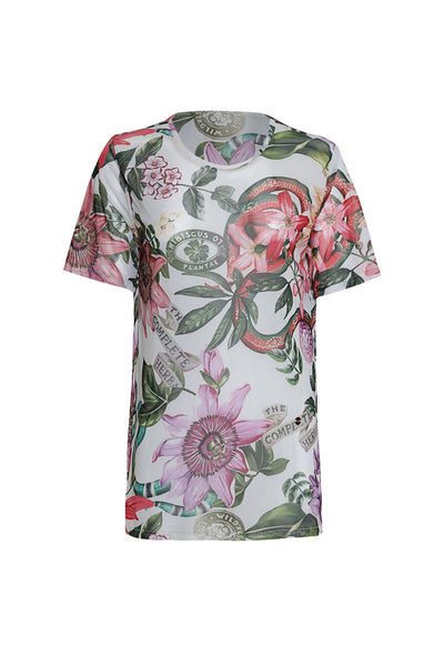 Floral and logo printed shirt on a white background