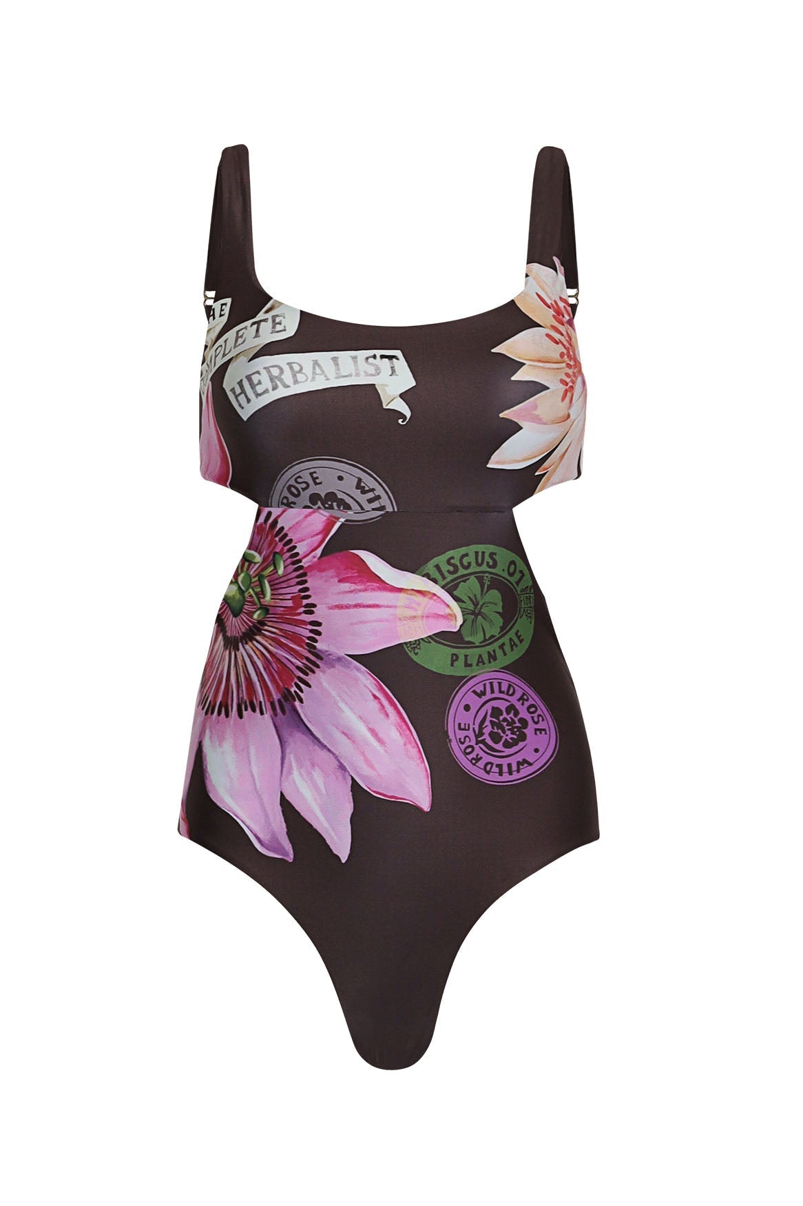 One-piece swimsuit with floral and graphic design on a white background