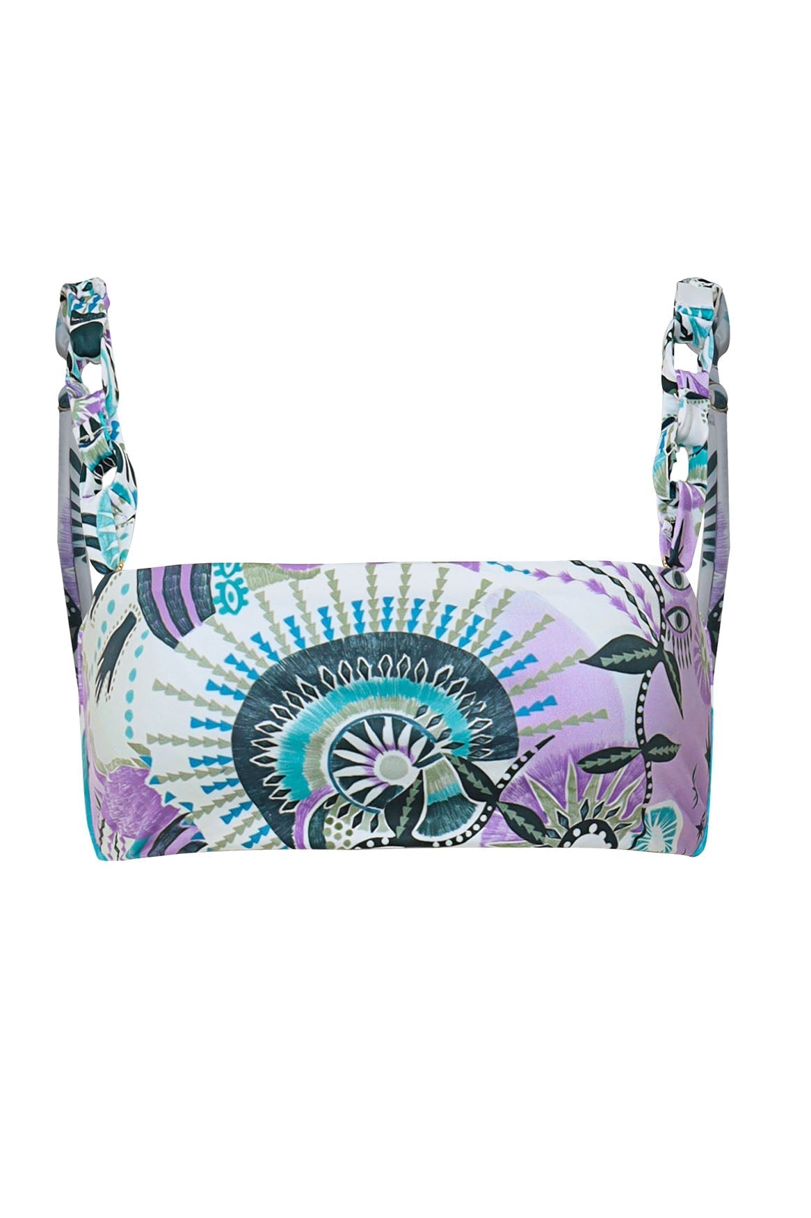 Reversible bikini top in multicolor engineered print, made from eco-friendly fabric, featuring side wire support, removable soft cups, braided straps, and a back tie closure.*