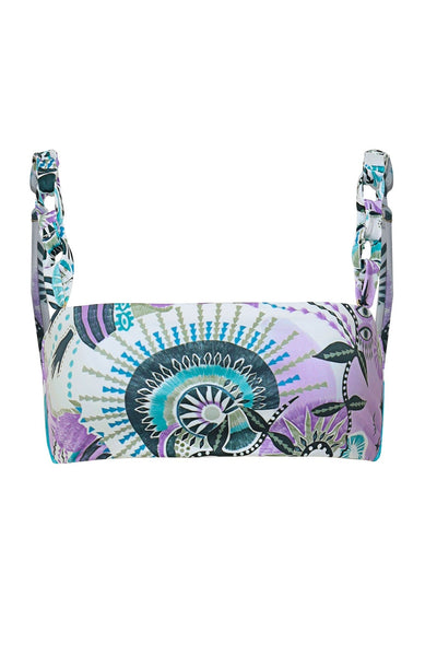 Reversible bikini top in multicolor engineered print, made from eco-friendly fabric, featuring side wire support, removable soft cups, braided straps, and a back tie closure.*