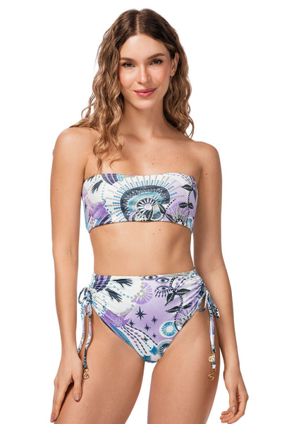 Reversible bikini top in multicolor engineered print, made from eco-friendly fabric, featuring side wire support, removable soft cups, braided straps, and a back tie closure.*