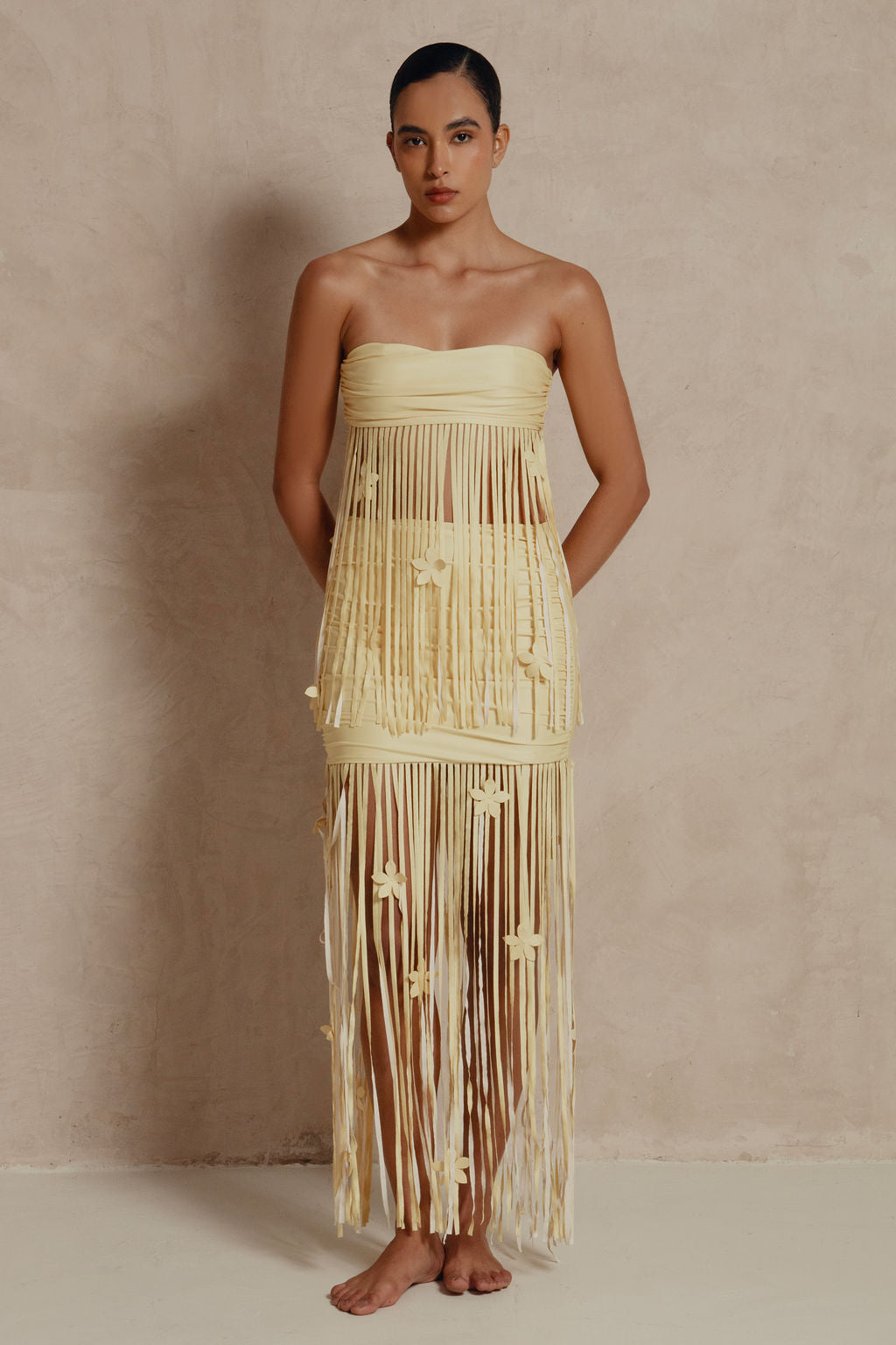 Butter yellow Mimosa skirt and top set with long hand-cut fringe and floral embellishments