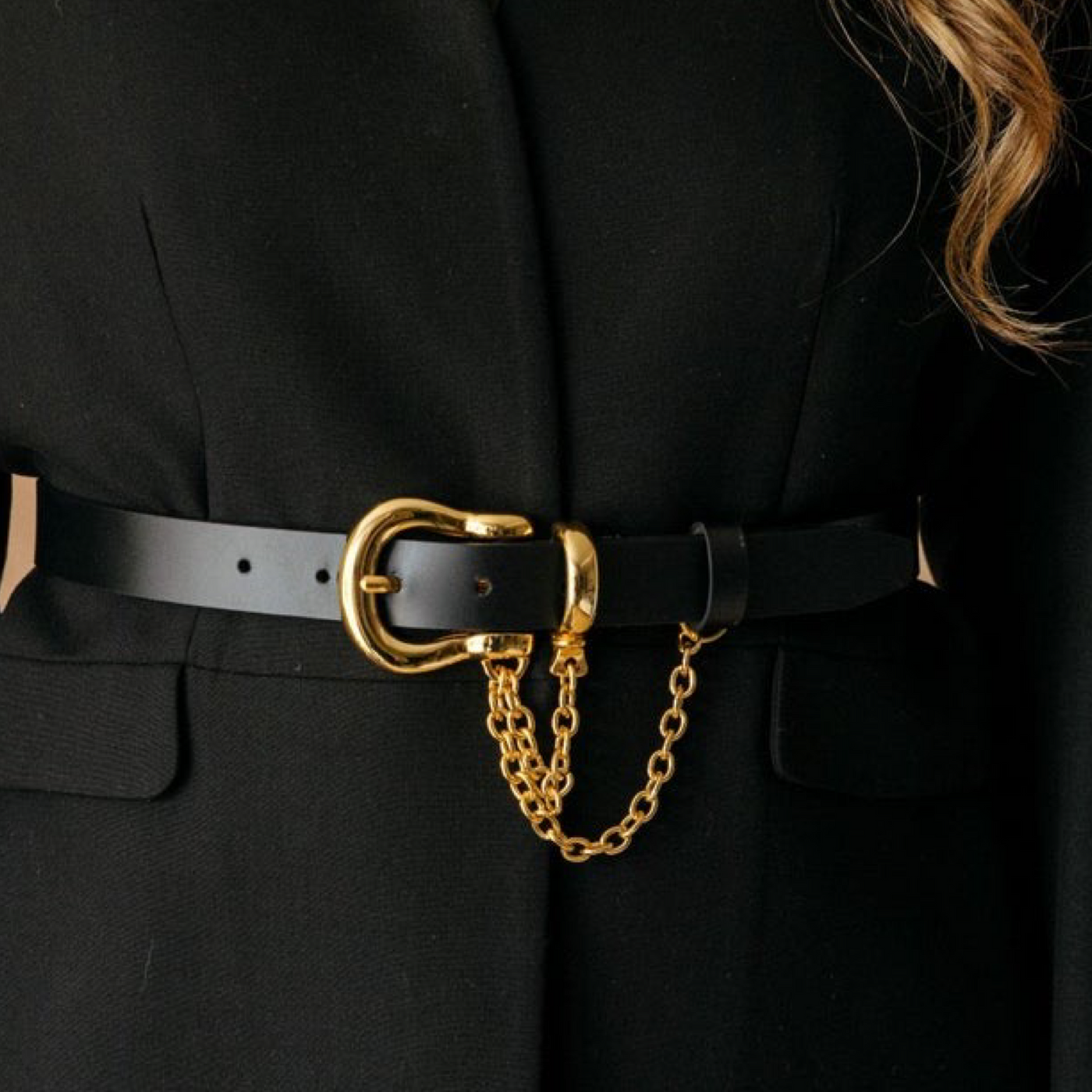 Buckle Belt with Chain Black Gold